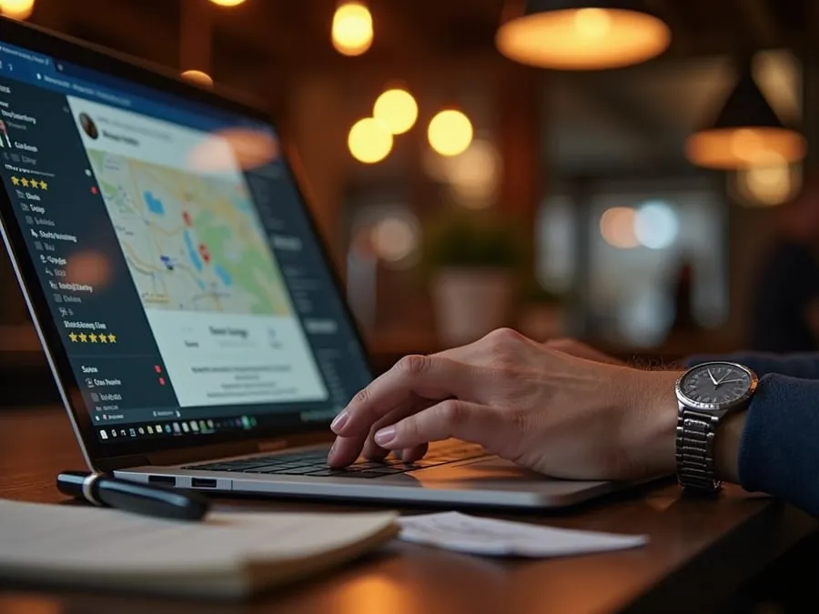 Restaurant owner updating their Google Business Profile on a laptop
