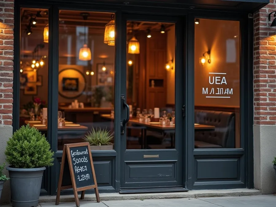 Restaurant storefront with visible signage and warm interior lighting