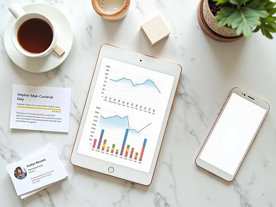 Tablet showing analytics dashboard with review data and business cards on a marble surface